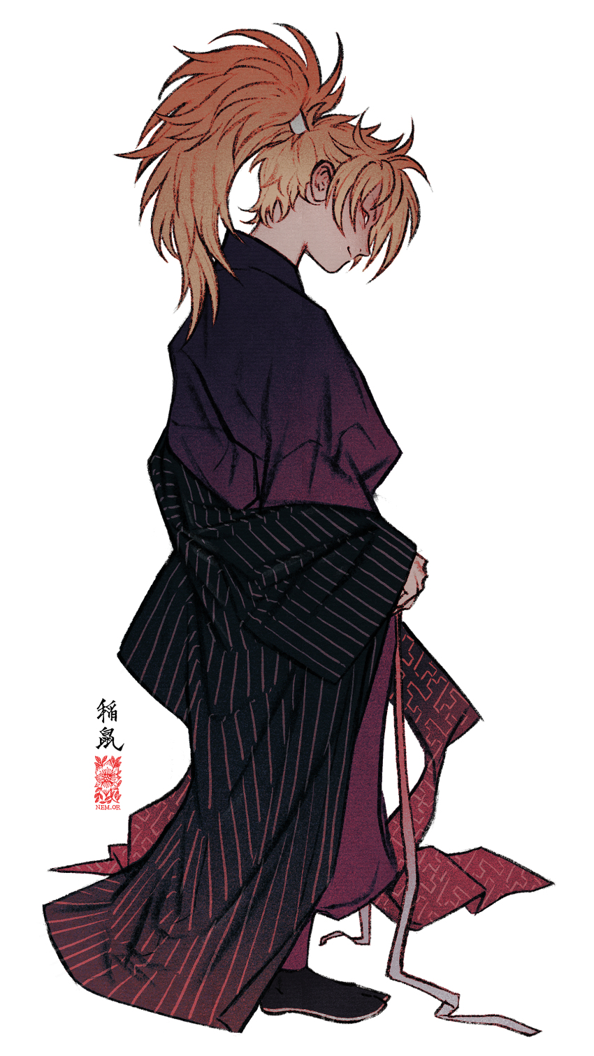 1boy, absurdres, black_footwear, blonde_hair, closed_mouth, commentary, from_behind, full_body