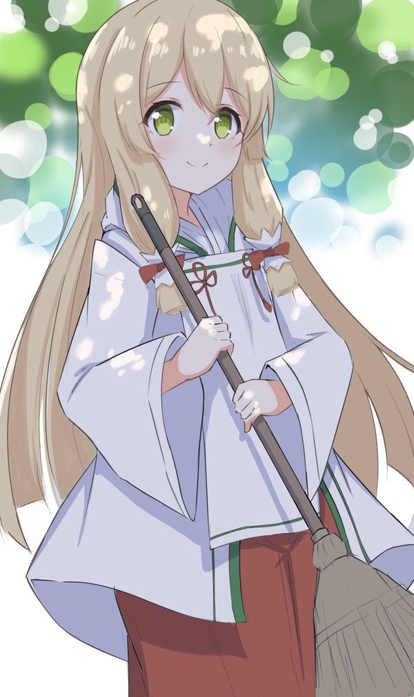 1girl, bamboo_broom, blonde_hair, blurry, blurry_background, blush, broom, chihaya_(clothing)