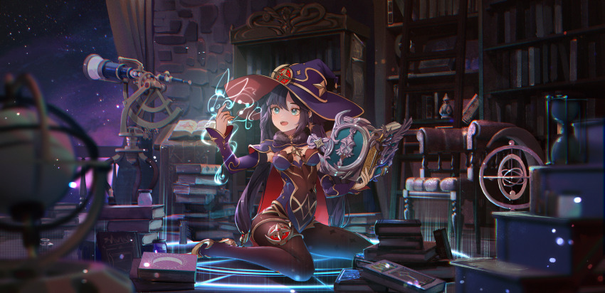 1girl, :d, absurdres, balcony, barrier_mao, black_hair, blurry, book