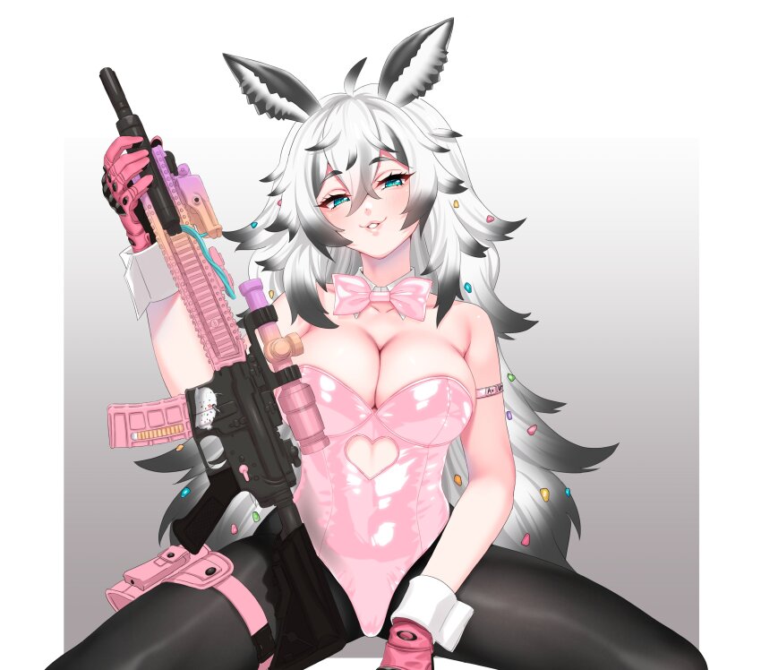 absurdres, ahoge, animal_ears, arm_strap, assault_rifle, belt, black_hair, black_pantyhose