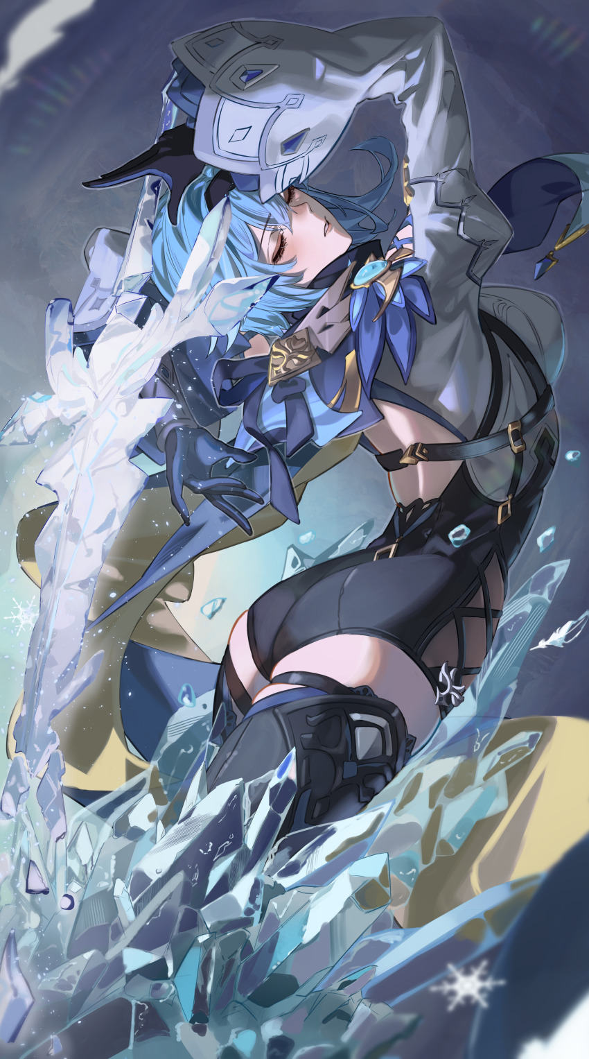 1girl, absurdres, arms_up, ass, back_cutout, black_hairband, blue_cape, blue_hair, blue_necktie, bodystocking, boots, cape, closed_eyes, clothing_cutout, crystal_sword, eula_(genshin_impact), genshin_impact, gloves, greatsword, hairband, high-waist_shorts, highres, ice, ice_crystal, ki_(kai_oekakikun), medium_hair, multicolored_cape, necktie, parted_lips, shorts, sword, thigh_boots, thighs, vision_(genshin_impact), weapon, white_sleeves, wide_sleeves