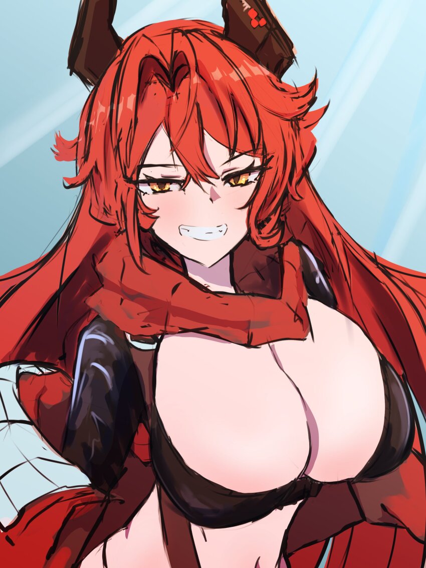 1girl, absurdres, breasts, chaps, cleavage, conicalart, crop_top, cropped_jacket, goddess_of_victory:_nikke, grin, hair_between_eyes, headgear, highres, horns, huge_breasts, jacket, leather, leather_jacket, long_hair, mechanical_horns, navel, orange_eyes, red_hair, red_hood_(nikke), red_jacket, red_scarf, scarf, smile, solo, unzipped, very_long_hair, zipper