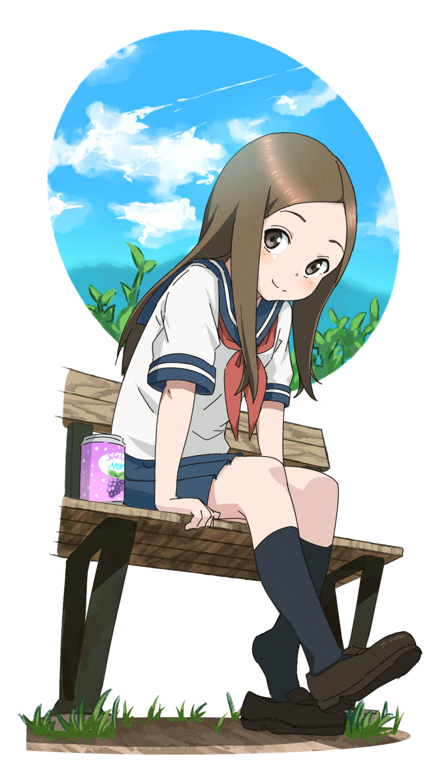 1girl, black_socks, blue_sailor_collar, blue_skirt, blue_sky, blush, brown_eyes, brown_hair