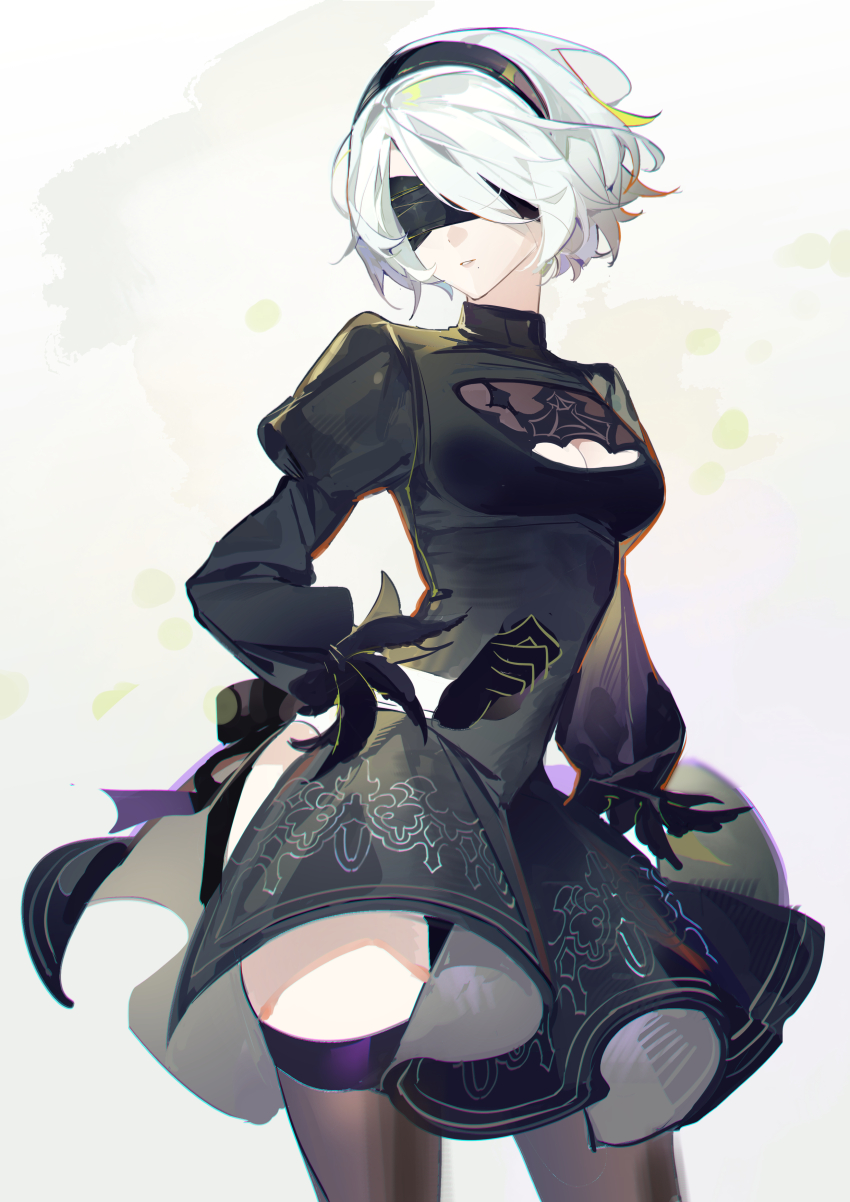 1girl, 2b_(nier:automata), absurdres, black_dress, black_gloves, black_hairband, black_thighhighs, blindfold, breasts, cleavage, cleavage_cutout, clothing_cutout, dress, ershuihe, feather-trimmed_sleeves, gloves, hairband, highres, juliet_sleeves, leotard, leotard_under_clothes, long_sleeves, medium_breasts, mole, mole_under_mouth, nier:automata, nier_(series), puffy_sleeves, short_hair, simple_background, solo, thighhighs, white_hair