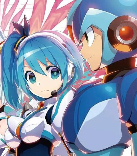 1boy, 1girl, android, blue_eyes, blue_hair, breasts, commentary, cropped