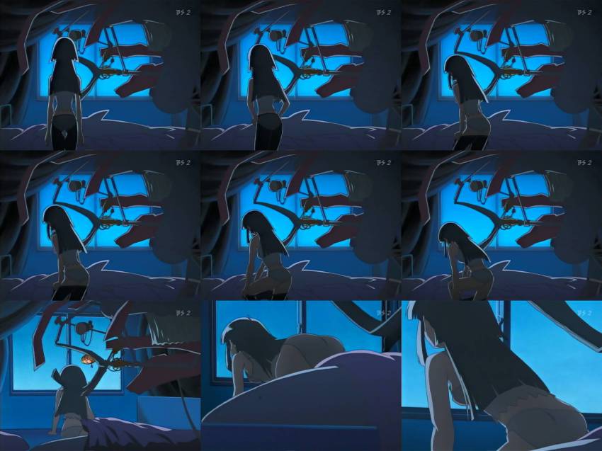 00s, 1girl, anime_screenshot, bent_over, camisole, clothes_pull, collage, female_focus