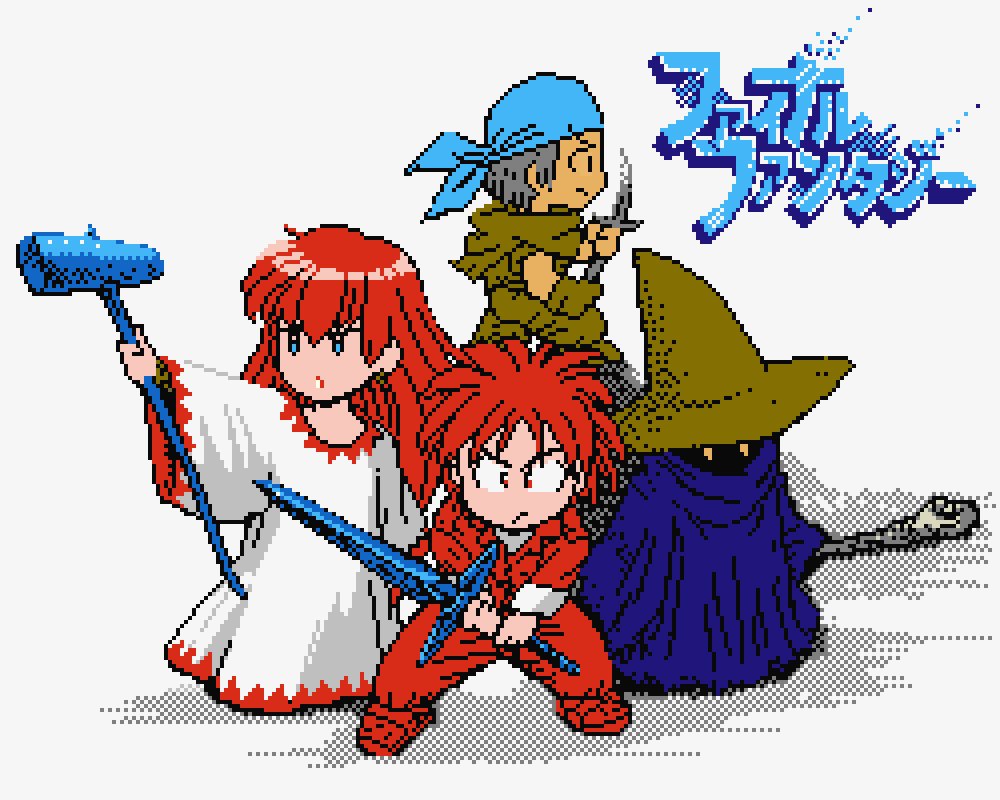 1girl, 1other, 2boys, bandana, black_mage, black_mage_(fft), black_mage_(final_fantasy), blue_bandana, blue_robe, copyright_name, dithering, fighter_(final_fantasy_i), final_fantasy, final_fantasy_i, glowing, glowing_eyes, hat, holding, holding_knife, holding_sword, holding_wand, holding_weapon, knife, limited_palette, long_hair, looking_at_viewer, multiple_boys, no_nose, pixel_art, protonozawa, red_hair, robe, spiked_hair, standing, sword, thief_(final_fantasy), wand, weapon, white_mage, white_mage_(fft), white_mage_(final_fantasy), white_robe, witch_hat, yellow_headwear