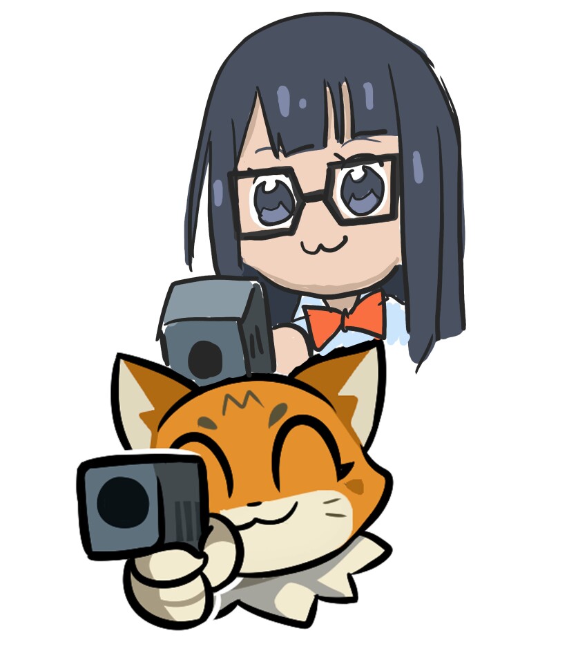 absurdres, black_hair, cat, digimon, digimon_(creature), glasses, gun, hand_pointing_a_gun_(meme)