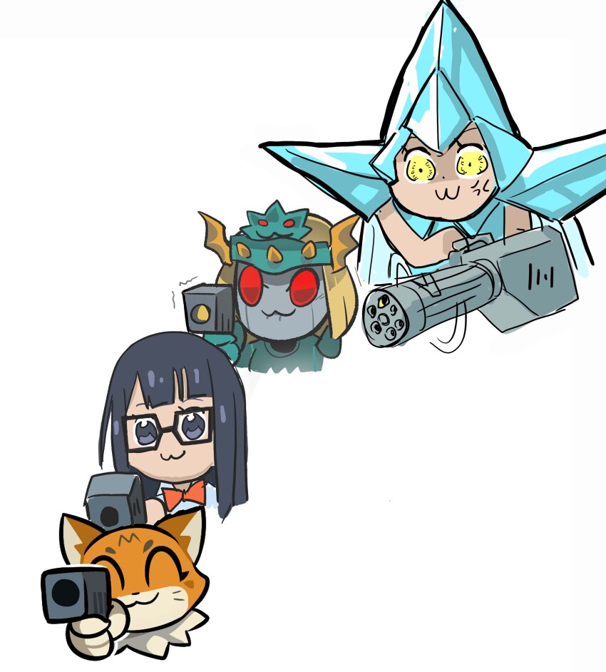 absurdres, cat, digimon, digimon_(creature), gatling_gun, glasses, gun, hand_pointing_a_gun_(meme)