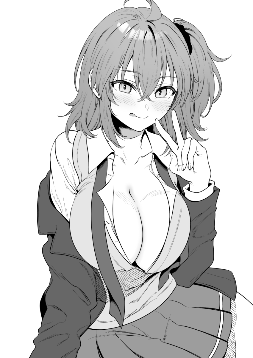 1girl, :p, ahoge, blazer, breasts, cleavage, collared_shirt, fate/grand_order