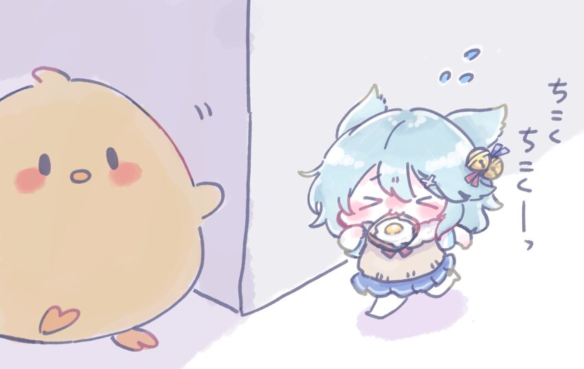 >_<, 1girl, 1other, :3, animal_ears, azur_lane, bell, blue_hair