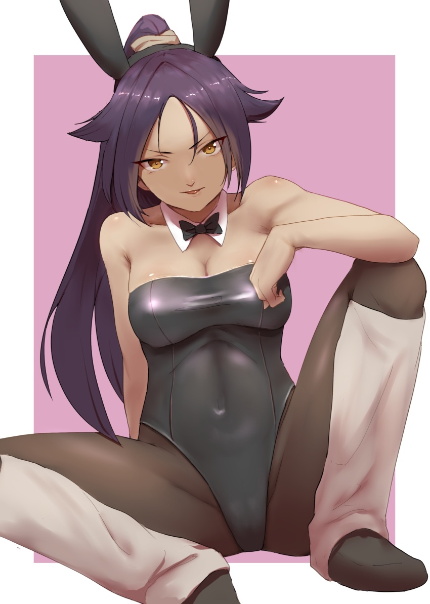 1girl, animal_ears, black_footwear, black_leotard, bleach, border, breasts, cleavage