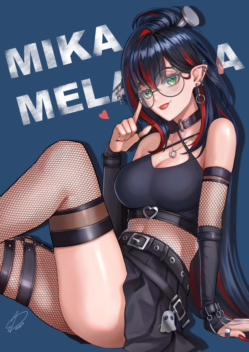 1girl, absurdres, black_hair, black_skirt, breasts, collar, crop_top, debbie_(debbielu9972)