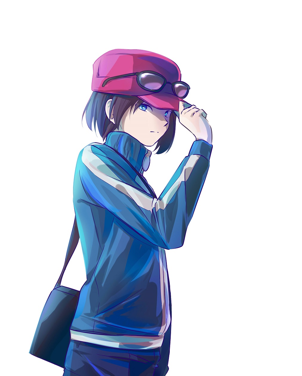 1boy, bag, black-framed_eyewear, black_bag, black_hair, blue_eyes, blue_jacket, calem_(pokemon)