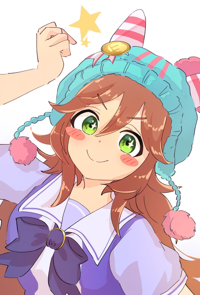 +_+, 1girl, animal_ears, arm_up, beanie, blush_stickers, breasts, brown_hair