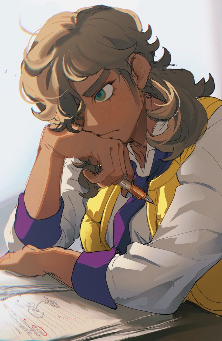 1boy, arven_(pokemon), closed_mouth, commentary_request, eyelashes, from_side, frown, green_eyes, hair_over_one_eye, highres, holding, long_hair, looking_down, male_focus, necktie, nintendo, open_clothes, open_vest, pokemon, pokemon_scarlet_and_violet, purple_necktie, shirt, solo, three-quarter_sleeves, thxzmgn, vest, white_background, white_shirt, yellow_vest