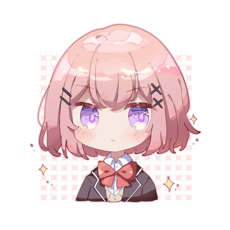 1girl, amaori_renako, bow, bowtie, chibi, hair_ornament, light_blush, pink_hair, purple_eyes, school_uniform, short_hair, simple_background, solo, sparkle, upper_body, user_hnkd8453, watashi_ga_koibito_ni_nareru_wake_naijan_murimuri!, x_hair_ornament