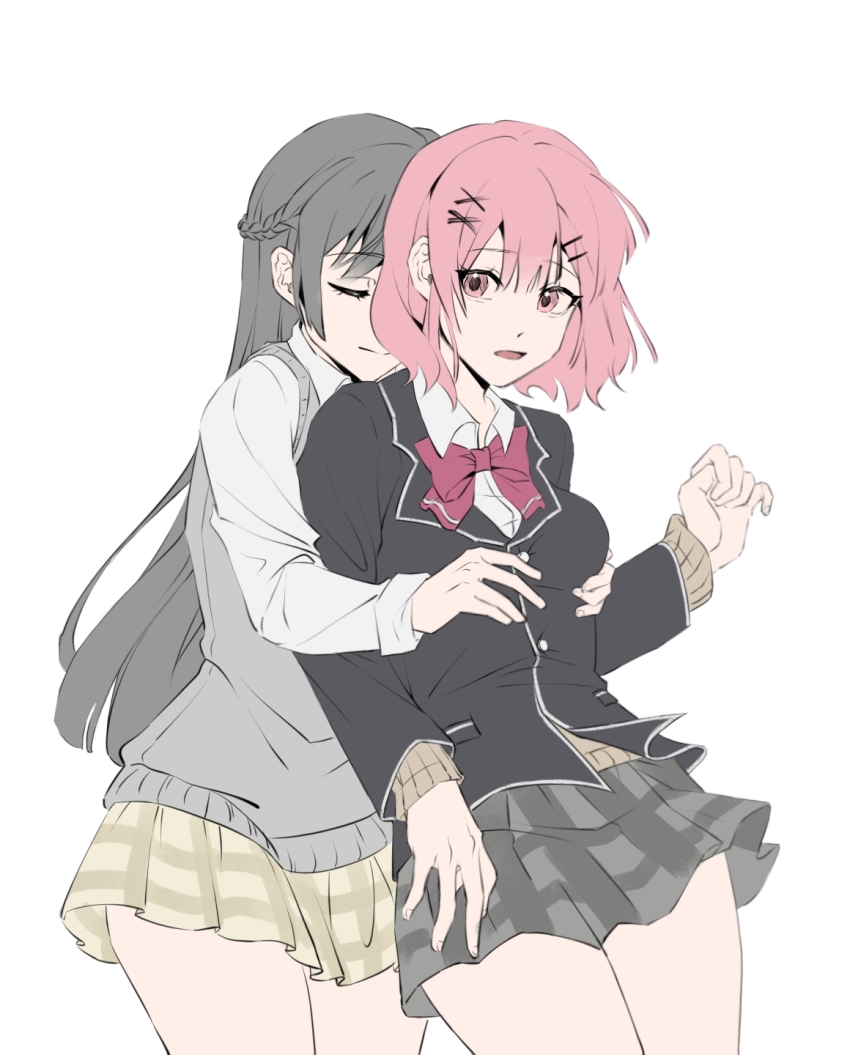 2girls, amaori_renako, black_hair, bootie, braid, closed_eyes, half_up_braid, highres