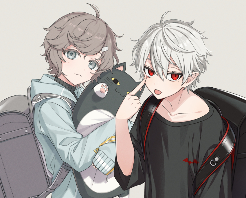 2boys, aged_down, akanbe, aqua_hoodie, backpack, bag, black_shirt, brown_hair