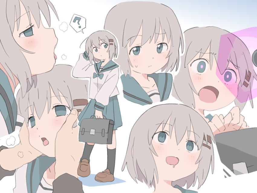 1girl, ?, aqua_bow, aqua_bowtie, aqua_sailor_collar, aqua_skirt, bag, blue_eyes