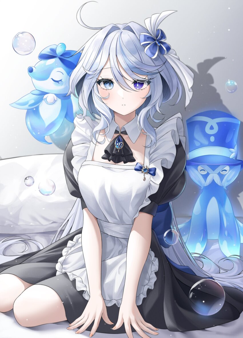 1girl, absurdres, ahoge, alternate_costume, apron, ascot, black_ascot, blue_eyes, blue_hair, bobbles, cowlick, drop-shaped_pupils, furina_(genshin_impact), genshin_impact, gentilhomme_usher, hand_on_ground, heterochromia, highres, light_blue_hair, long_hair, looking_at_viewer, luz0207, maid, maid_apron, sitting, solo, surintendante_chevalmarin, symbol-shaped_pupils, very_long_hair, yokozuwari