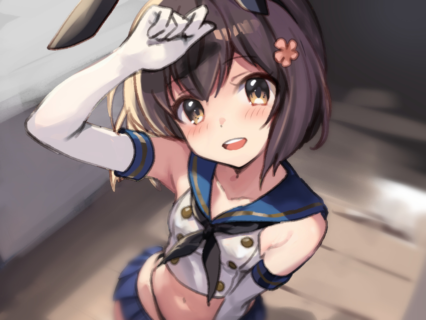 1girl, black_hairband, black_neckerchief, black_panties, blue_sailor_collar, blue_skirt, blurry, brown_eyes