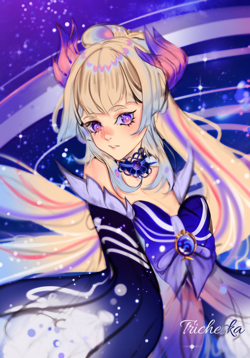 1girl, bare_shoulders, blue_eyes, blunt_bangs, bow-shaped_hair, colored_tips, fish, frilled_sleeves