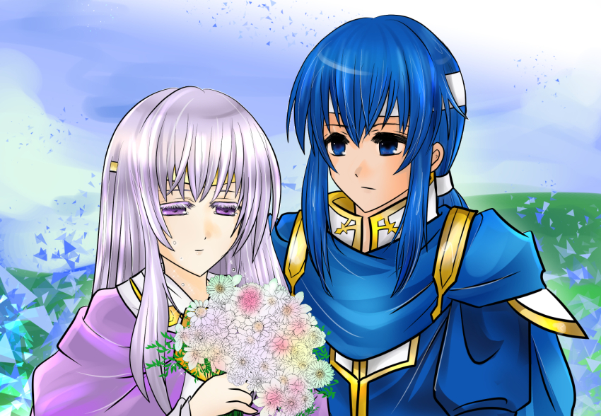 1boy, 1girl, blue_cape, blue_eyes, blue_hair, brother_and_sister, cape, circlet