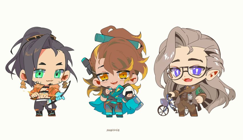 arrow_(projectile), artist_name, bare_pectorals, beard_stubble, belt_pouch, bicycle, black_hair, black_pants, blonde_hair, bow_(weapon), braid, brown_hair, brown_pants, brown_vest, cape, chibi, collared_jacket, crown_braid, earrings, facial_hair, fangs, food, forked_eyebrows, fur-trimmed_jacket, fur_trim, glasses, gloves, goldbullet, green_cape, green_eyes, grey_hair, gun, gun_on_back, hair_between_eyes, hair_ornament, half_gloves, highres, holding, holding_arrow, holding_bow_(weapon), holding_food, holding_weapon, holostars, holostars_english, jacket, jewelry, josuiji_shinri, long_hair, multicolored_hair, multiple_boys, nnes_98, noir_vesper, onigiri, open_mouth, orange_jacket, pants, pectorals, pointy_ears, ponytail, pouch, purple_eyes, streaked_hair, stubble, vest, virtual_youtuber, weapon, weapon_on_back, white_background, yellow_eyes