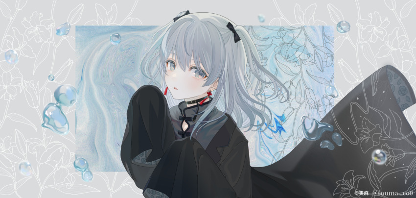 1girl, black_bow, black_choker, black_jacket, black_shirt, bow, choker, copyright_notice