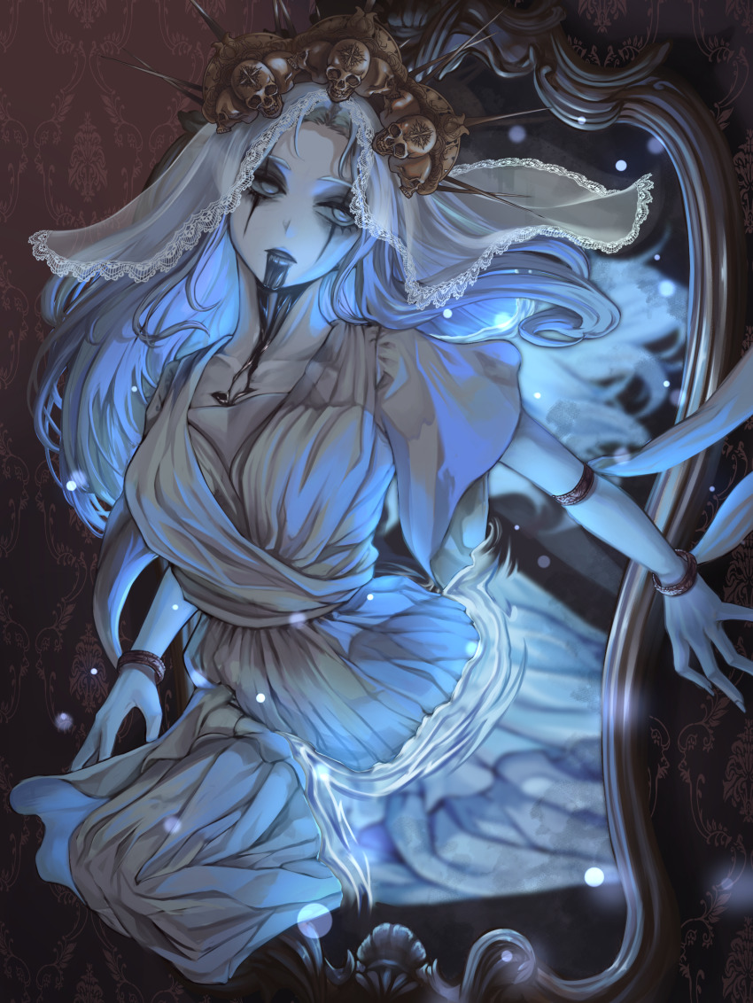 1girl, absurdres, black_liquid, blue_light, bracelet, bridal_veil, colored_skin, dress