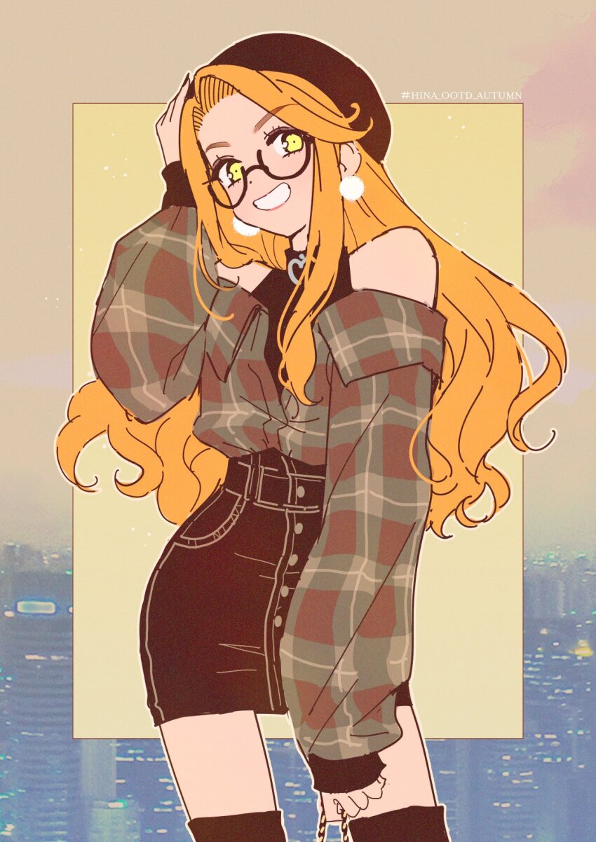 1girl, :d, alternate_costume, bare_shoulders, beret, bespectacled, black-framed_eyewear, black_dress