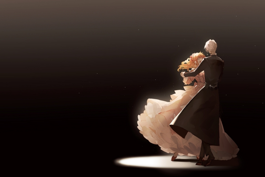 1boy, 1girl, ^_^, bare_shoulders, black_coat, black_footwear, black_pants, brown_background