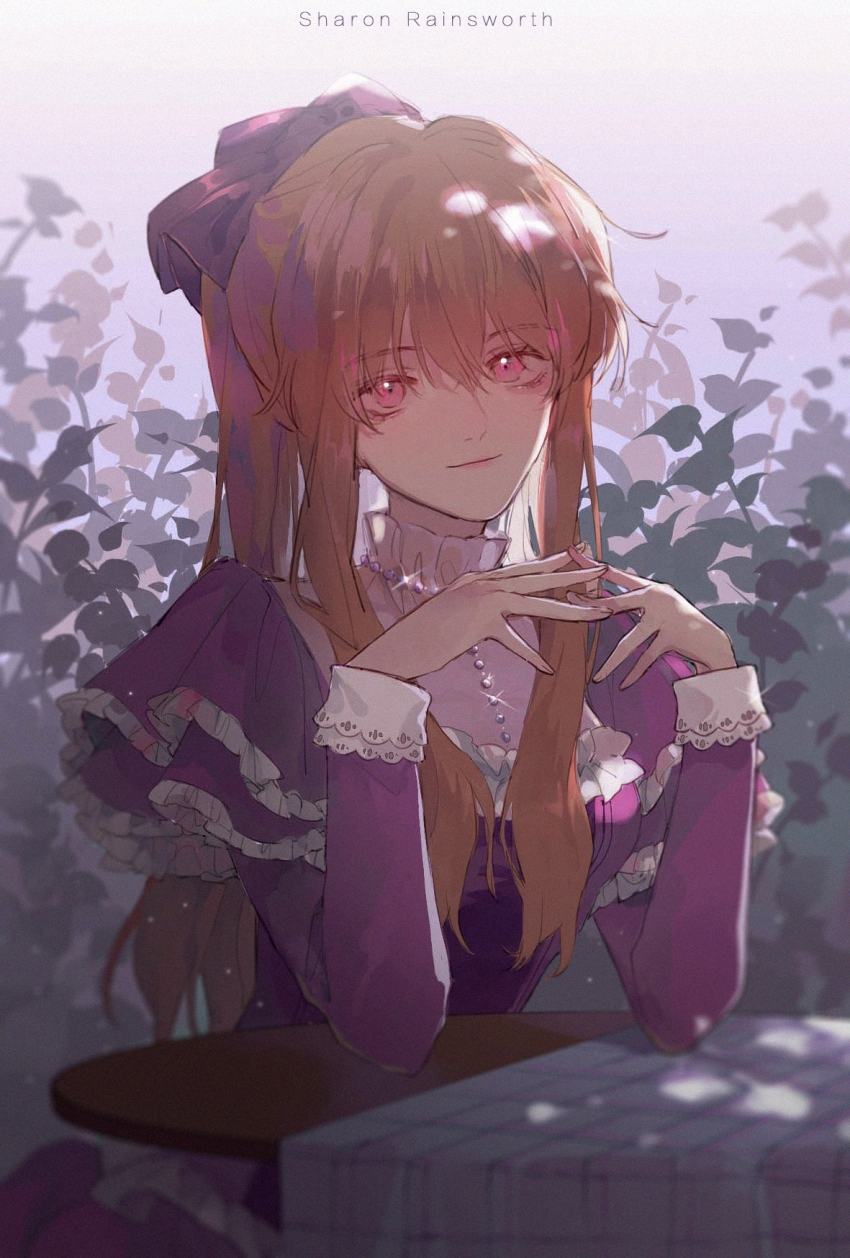 1girl, bead_necklace, beads, blurry, bow, breasts, brown_hair, character_name