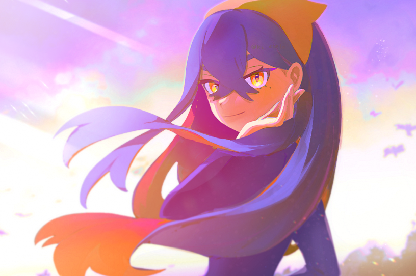 1girl, black_hair, carmine_(pokemon), closed_mouth, commentary_request, crossed_bangs, day, hair_between_eyes