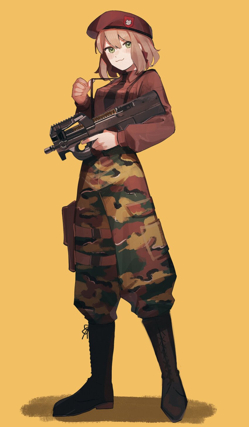 1girl, :3, absurdres, animal_print, axis_powers_hetalia, belgium_(hetalia), beret, black_boots, black_necktie, blush, bob_cut, boots, brown_hair, bullpup, camouflage, camouflage_pants, cat_print, full_body, green_eyes, gun, hand_up, hat, highres, holding, holding_gun, holding_weapon, knee_boots, lace-up_boots, long_sleeves, looking_at_viewer, mi_kan1609, necktie, p90, pants, pants_tucked_in, personal_defense_weapon, red_hat, red_shirt, rifle, shirt, short_hair, simple_background, solo, standing, submachine_gun, suspenders_pull, thumbs_up, trigger_discipline, weapon, yellow_background