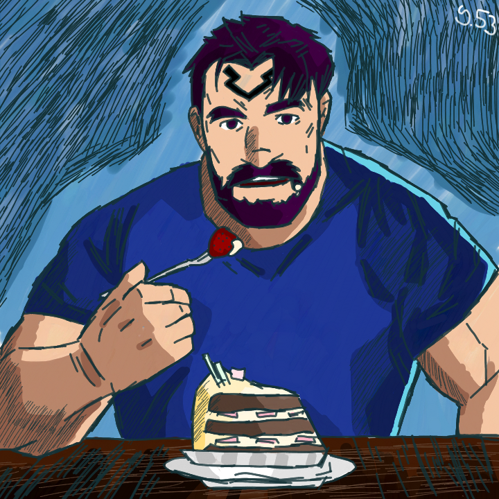 1boy, artist_name, bara, beard, blue_background, blue_shirt, cake, cake_slice