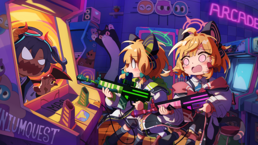 3girls, animal_ear_headphones, animal_ears, blonde_hair, blue_archive, cat_tail, cute_weapon, dofus_(icyboon)