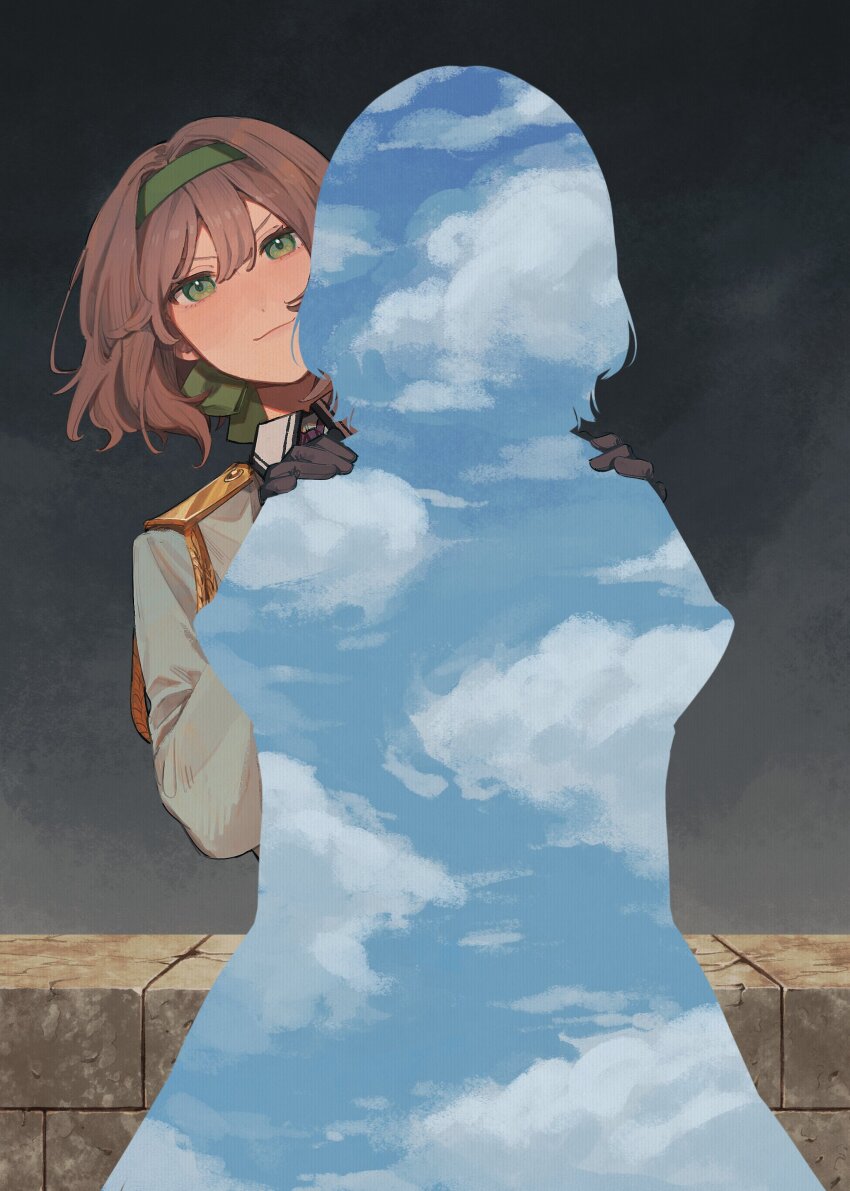 1girl, absurdres, aiguillette, axis_powers_hetalia, belgium_(hetalia), black_gloves, blue_sky, brick_wall