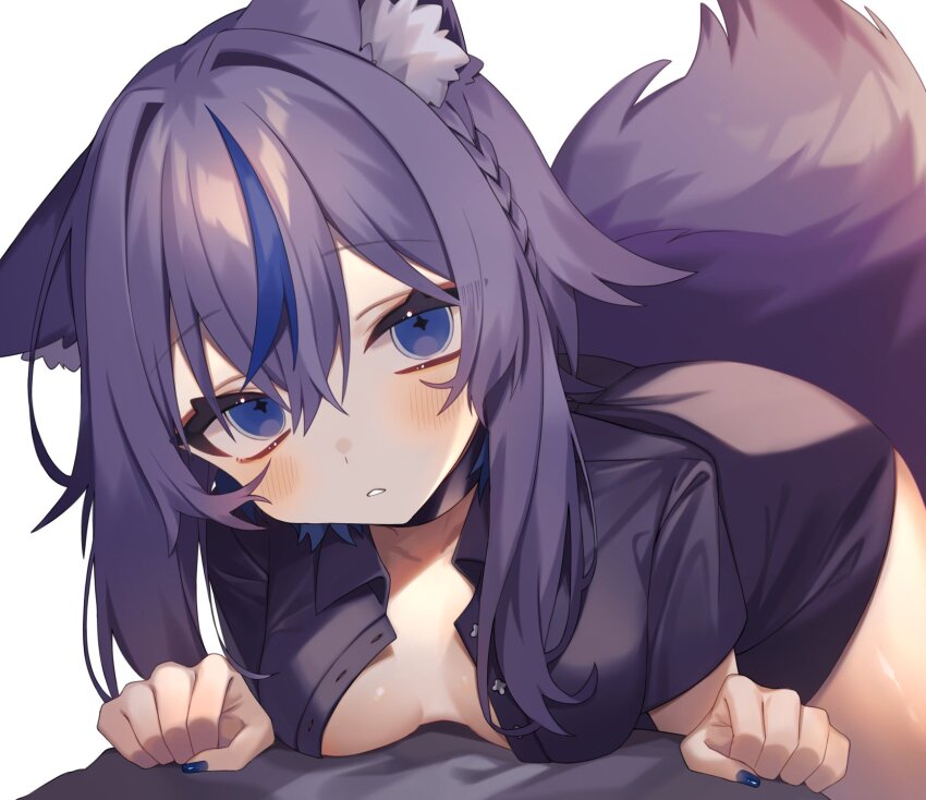 1girl, animal_ear_fluff, animal_ears, asano_yoru, asano_yoru_(artist), bent_over, black_choker, black_shirt, blue_eyes, blue_hair, breasts, check_commentary, choker, commentary_request, fox_ears, fox_girl, fox_tail, highres, indie_virtual_youtuber, long_sleeves, looking_at_viewer, medium_breasts, multicolored_hair, no_bra, no_pants, open_clothes, open_shirt, purple_hair, shirt, streaked_hair, tail, two-tone_hair, virtual_youtuber