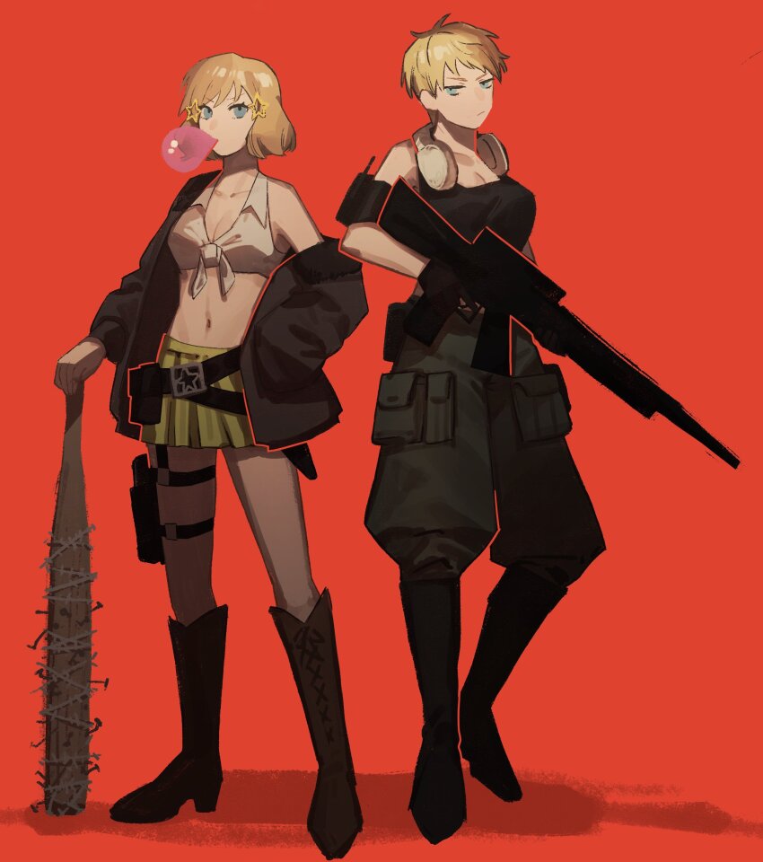 2girls, absurdres, america_(female)_(hetalia), america_(hetalia), aqua_eyes, armband, axis_powers_hetalia, bare_shoulders, baseball_bat, belt_pouch, black_footwear, black_gloves, black_jacket, blowing_bubble_gum, blowing_bubbles, blue_eyes, bob_cut, boots, breasts, brown_footwear, chewing_gum, cleavage, commentary, front-tie_top, full_body, genderswap, genderswap_(mtf), germany_(female)_(hetalia), germany_(hetalia), gloves, green_skirt, gun, hair_ornament, hairclip, hand_in_pocket, headphones, headphones_around_neck, highres, holding, holding_baseball_bat, holding_gun, holding_weapon, jacket, knee_boots, lace-up_boots, large_breasts, medium_breasts, mi_kan1609, midriff, miniskirt, mouth_hold, multiple_girls, nail_(hardware), nail_bat, navel, o-ring, off_shoulder, open_clothes, open_jacket, pants, pants_tucked_in, pixie_cut, pleated_skirt, pocket, pouch, red_background, rifle, shirt, short_hair, side-by-side, simple_background, skirt, sleeveless, standing, star_(symbol), star_hair_ornament, swept_bangs, tank_top, thigh_strap, tied_shirt, walkie-talkie, weapon