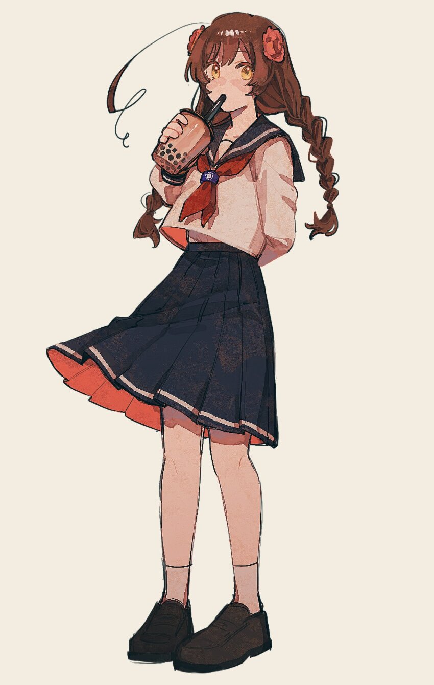 1girl, ahoge, alternate_hairstyle, arm_behind_back, axis_powers_hetalia, blue_sailor_collar, blue_skirt, braid, brown_hair, bubble_tea, cup, disposable_cup, drink, drinking, drinking_straw, drinking_straw_in_mouth, floating_clothes, flower, full_body, hair_flower, hair_ornament, hand_up, highres, holding, holding_cup, holding_drink, loafers, long_hair, mi_kan1609, midriff_peek, pigeon-toed, pink_flower, pleated_skirt, red_scarf, republic_of_china_flag, sailor_collar, scarf, school_uniform, serafuku, shoes, simple_background, skirt, socks, solo, taiwan_(hetalia), twin_braids, twintails, two-sided_fabric, two-sided_skirt, white_background, white_socks, yellow_eyes