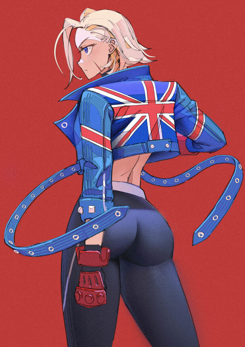 1girl, absurdres, ass, blonde_hair, blue_eyes, blue_jacket, bob_cut, braid
