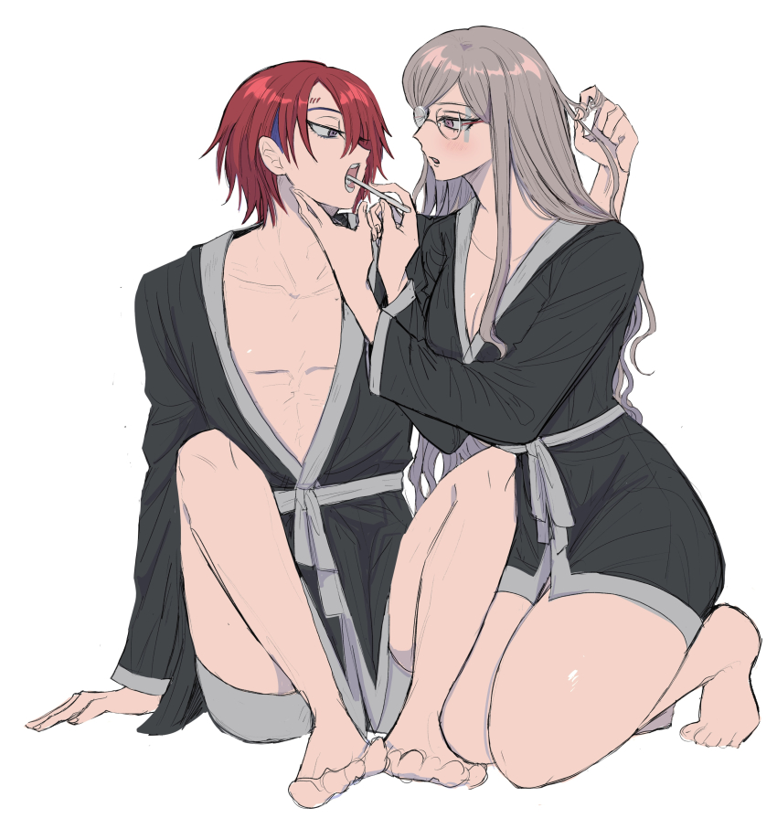 1boy, 1girl, absurdres, barefoot, bathrobe, blue_hair, breasts, brushing_another's_teeth, cleavage, eye_contact, face-to-face, facial_mark, full_body, glasses, grey_hair, hair_over_one_eye, hand_up, hands_up, hetero, highres, holding, holding_toothbrush, kinu_(konoyoha_mtgi), knees_up, large_breasts, long_hair, long_sleeves, looking_at_another, martina_electro, master_detective_archives:_rain_code, multicolored_hair, open_mouth, pectorals, playing_with_another's_hair, red_hair, short_hair, simple_background, sitting, toothbrush, toothbrush_in_mouth, white_background