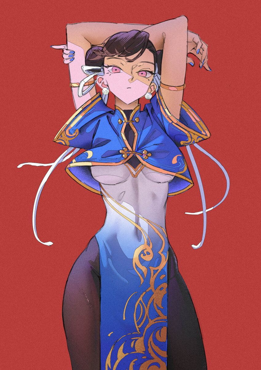 1girl, absurdres, arms_up, blue_nails, bracelet, breasts, capcom, china_dress