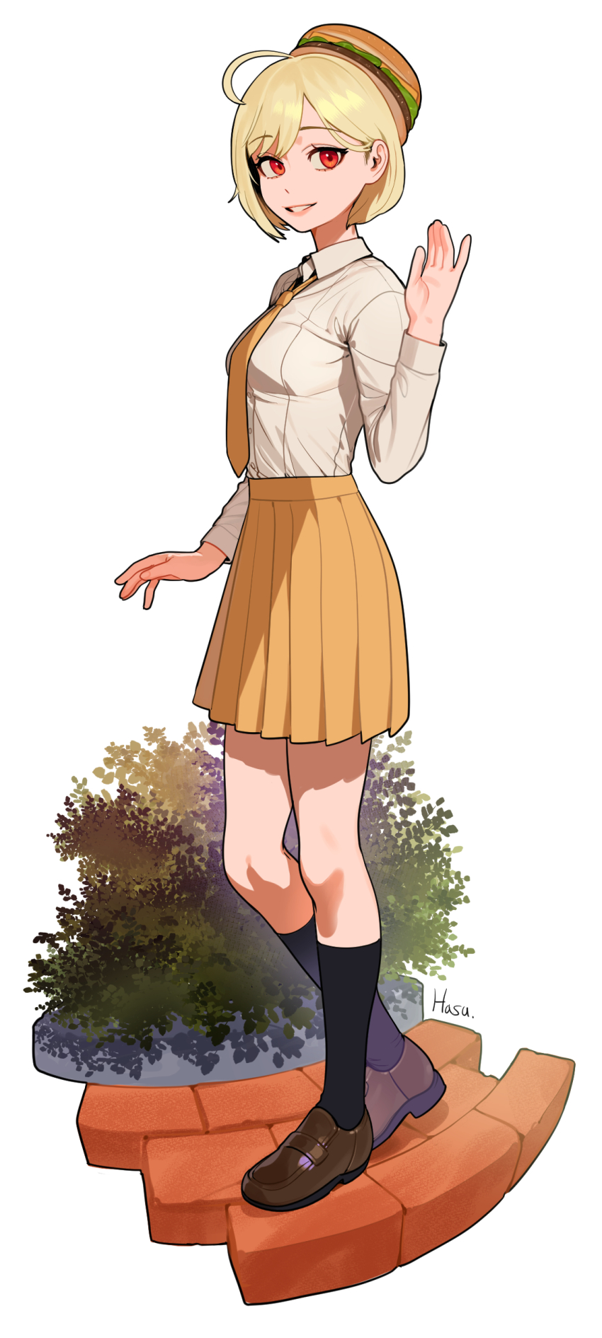 1girl, absurdres, ahoge, black_socks, blonde_hair, bob_cut, breasts, brick_floor