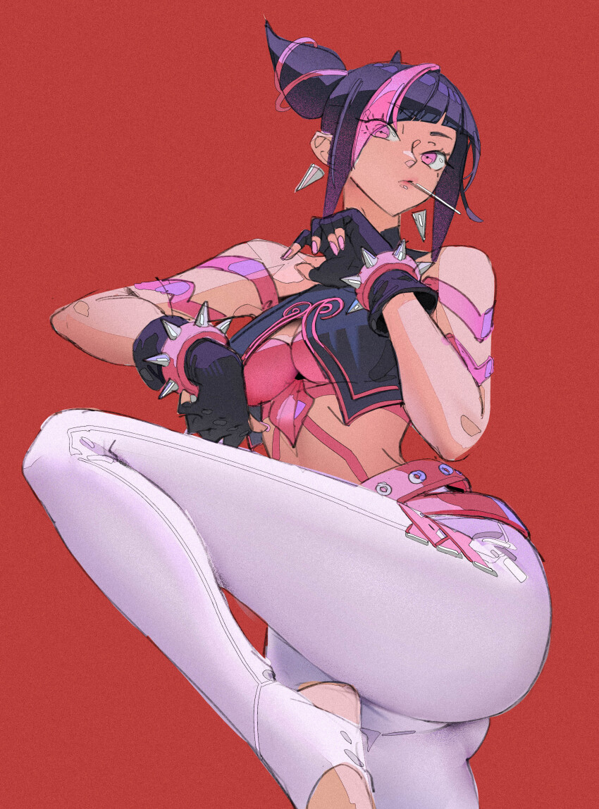 1girl, absurdres, bare_shoulders, bodypaint, bracelet, breasts, candy, chinese_clothes, cleavage, drill_hair, dudou, fingerless_gloves, food, ga_is, gloves, hair_horns, halterneck, han_juri, highres, jewelry, lollipop, looking_at_viewer, medium_breasts, midriff, multicolored_hair, pants, pink_eyes, red_background, short_hair, simple_background, sleeveless, solo, spiked_bracelet, spikes, street_fighter, twin_drills, white_pants