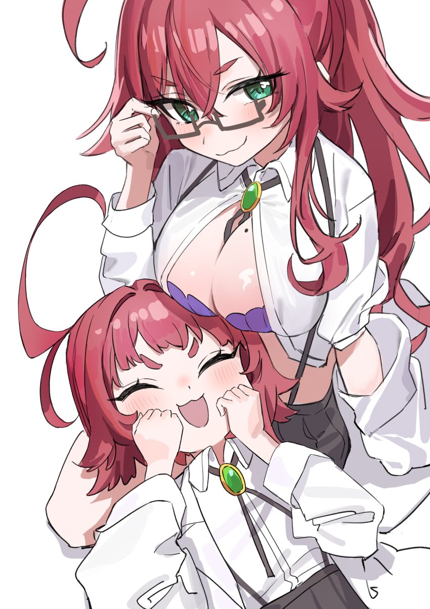 2girls, absurdres, ahoge, black_skirt, blush, bra, breasts, cleavage