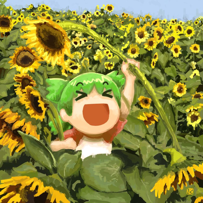 >_<, 1girl, absurdres, arm_up, closed_eyes, day, facing_viewer, field, flower, flower_field, green_hair, happy, highres, holding, holding_flower, koiwai_yotsuba, leaf, open_mouth, outdoors, quad_tails, red_shirt, shirt, short_sleeves, signature, smile, solo, sunflower, sunflower_field, vinoburrito, yellow_flower, yotsubato!