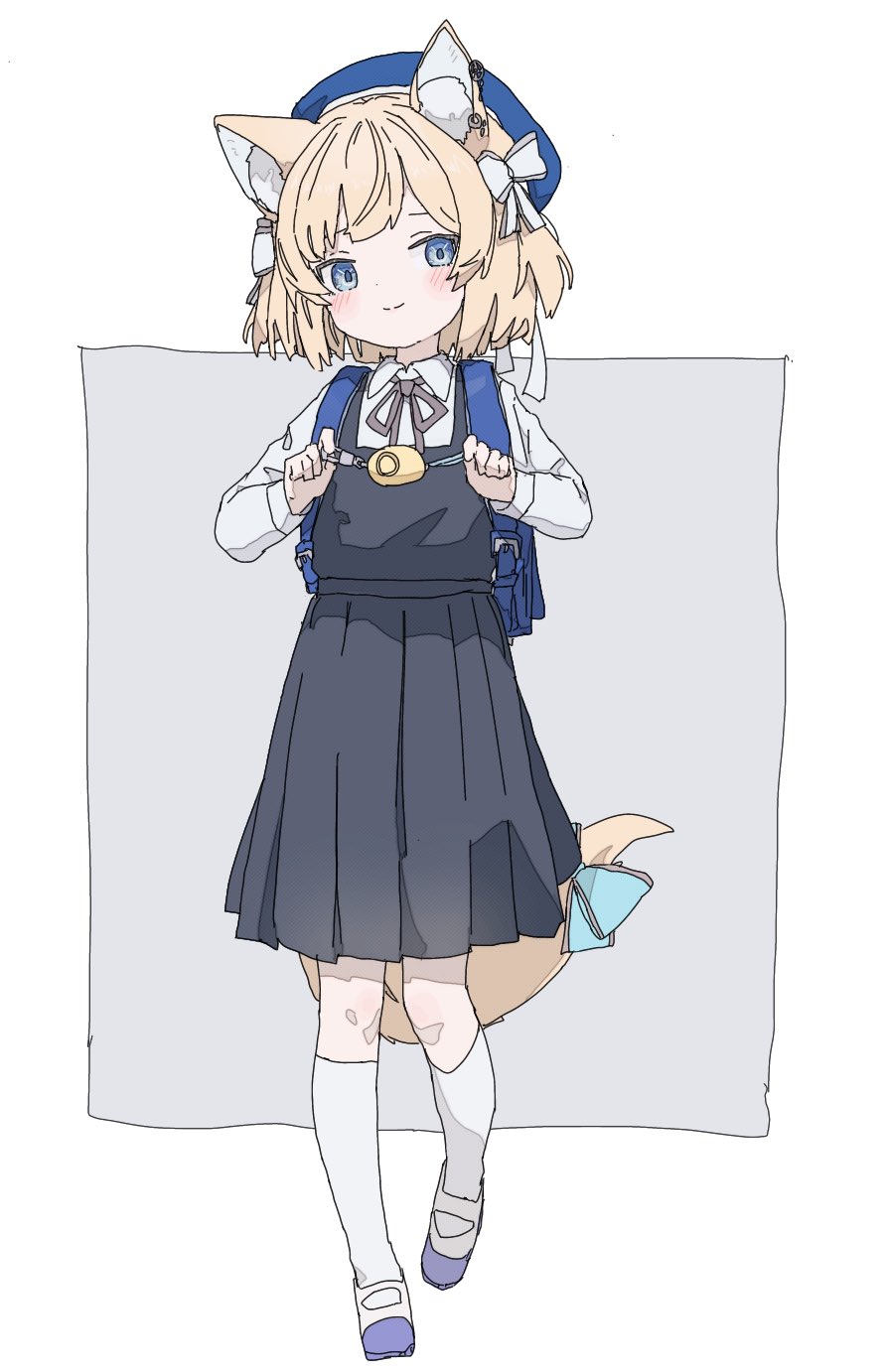 1girl, aged_down, animal_ear_fluff, animal_ears, backpack, bag, beret, blonde_hair, blue_eyes, collared_shirt, cord_pull, cosplay, crime_prevention_buzzer, dress, fox_ears, fox_girl, fox_tail, hair_ribbon, hat, highres, holding_strap, long_sleeves, neck_ribbon, parody, pinafore_dress, pose_imitation, prism_project, randoseru, ribbon, school_uniform, shigure_ui_(vtuber), shigure_ui_(vtuber)_(cosplay), shirt, short_hair, shukusei!!_loli-kami_requiem, sleeveless, sleeveless_dress, socks, solo, symbol-shaped_pupils, tail, tokimori_aoi, uzoumuzo, virtual_youtuber, white_shirt